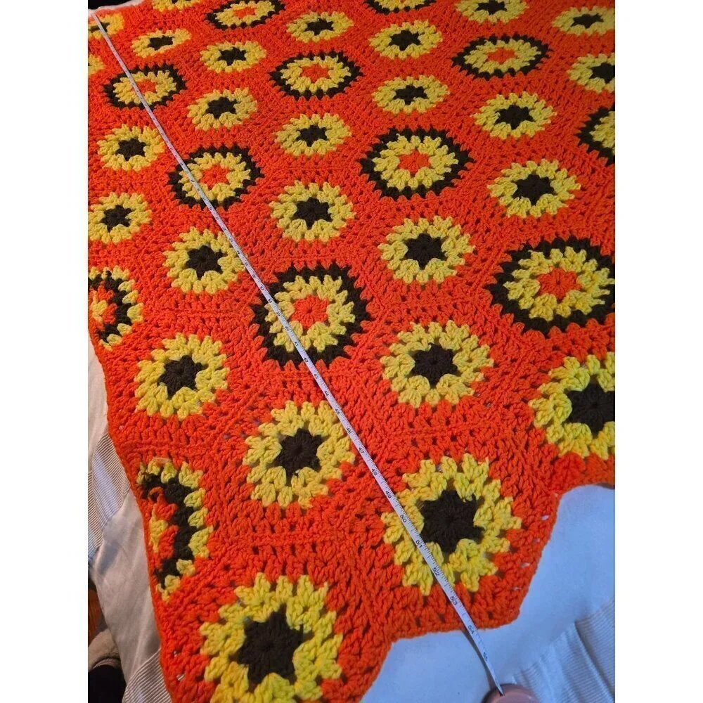 Vintage Handmade Afghan Hexagon Granny Square Crochet Blanket Throw Orange Yello